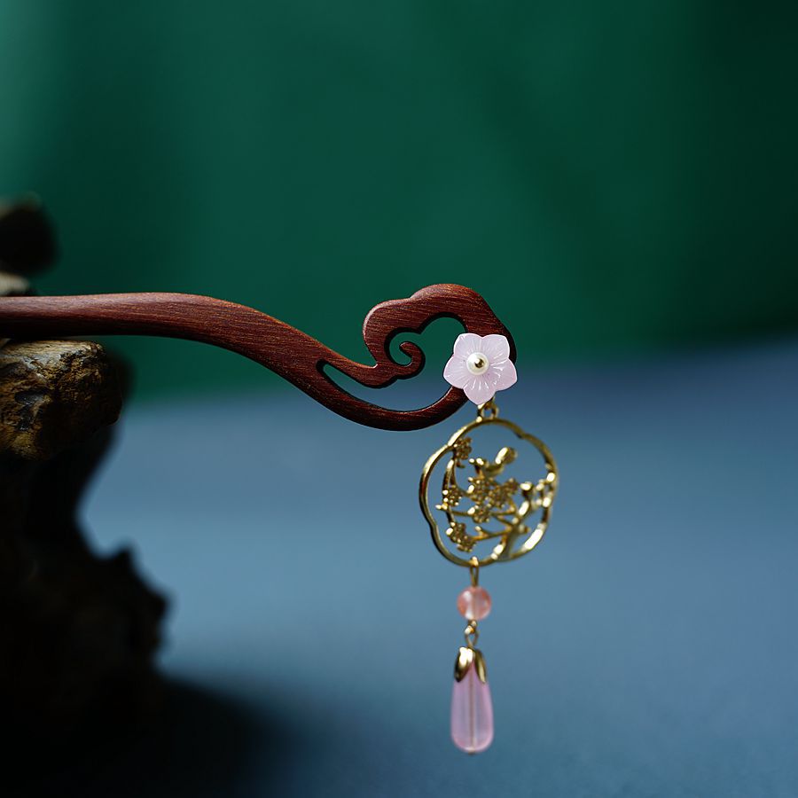 忆笙原创简约木祥云发簪白玉兰花禅意汉服日常头饰盘发女粉色