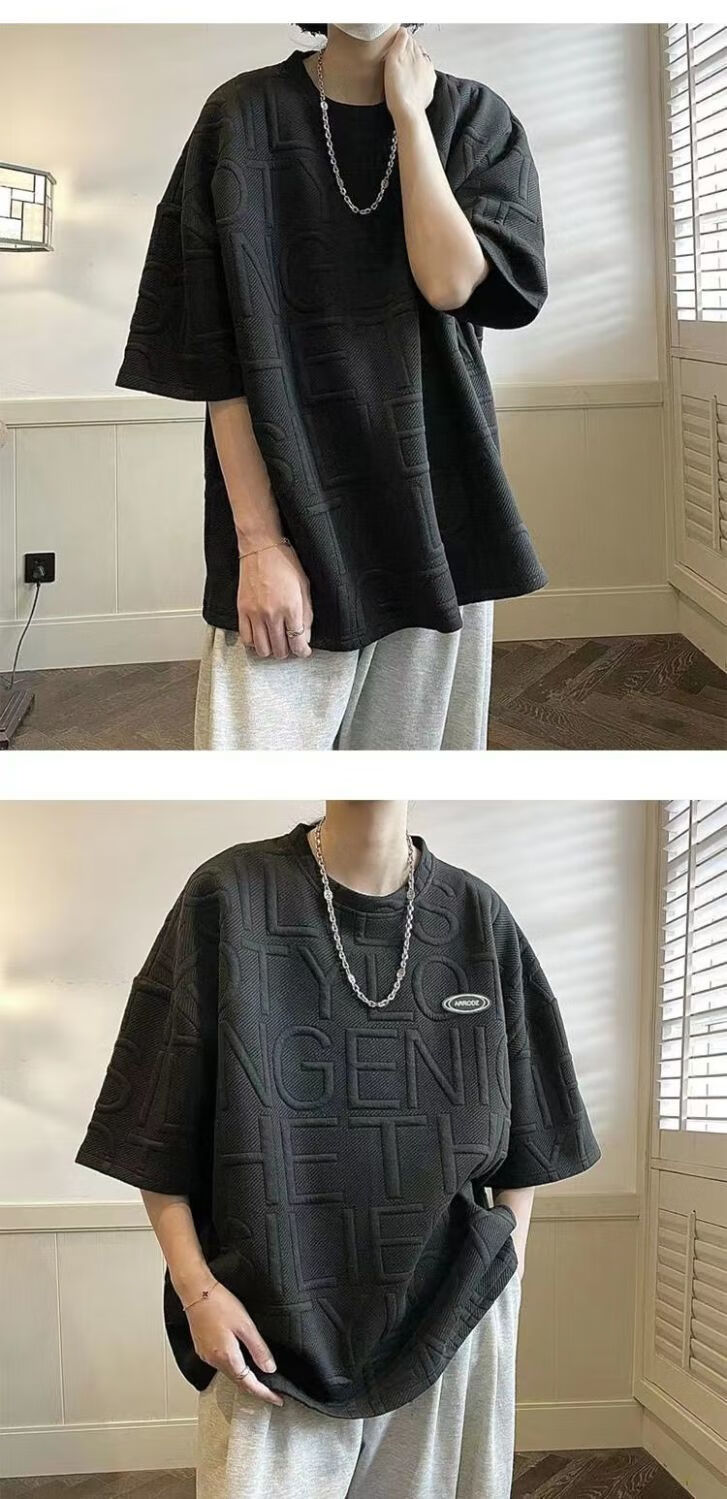 倾真新品夏天男装套装新款立体浮雕字母短袖恤男搭配港风韩版休闲九分