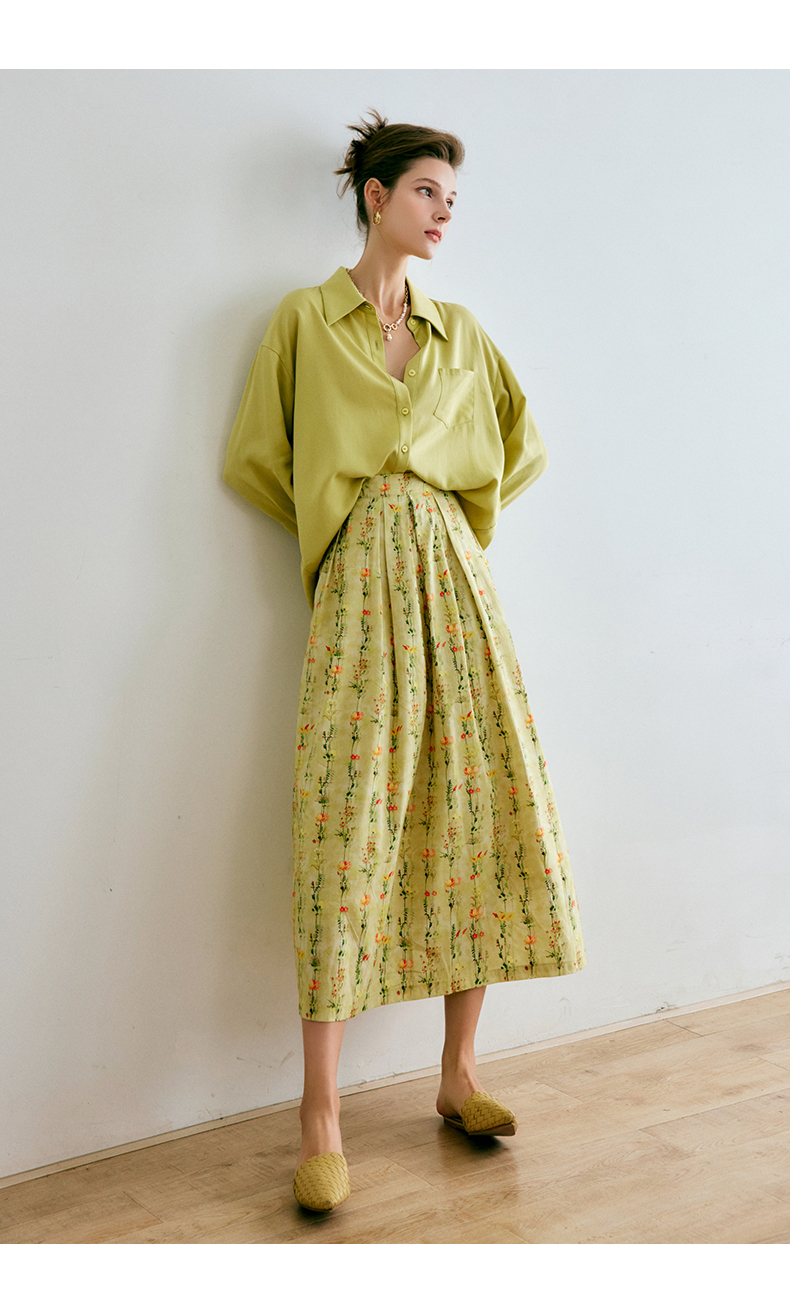 欧芮儿碎花半身裙女夏季2022年新款高腰法式复古百褶中长款裙子黄绿色