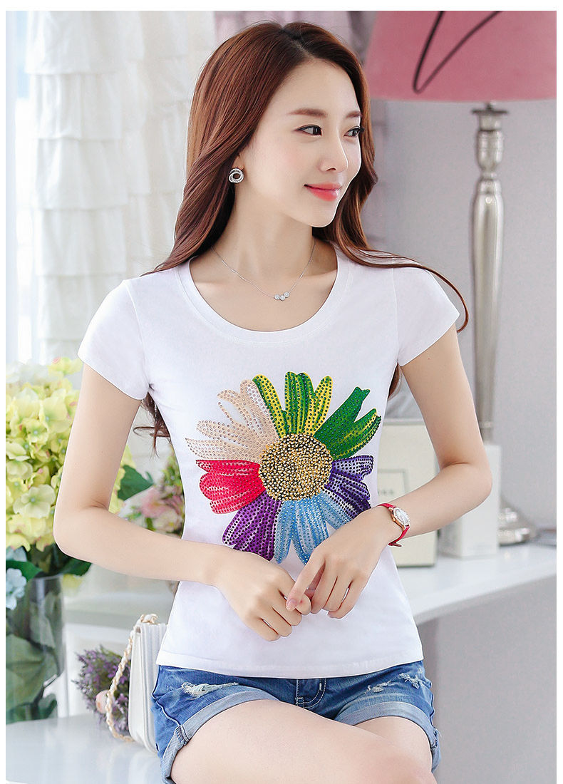 棉短袖t恤女韩版修身上衣圆领体恤衫妈妈夏装女士大码时尚衣服 太阳花