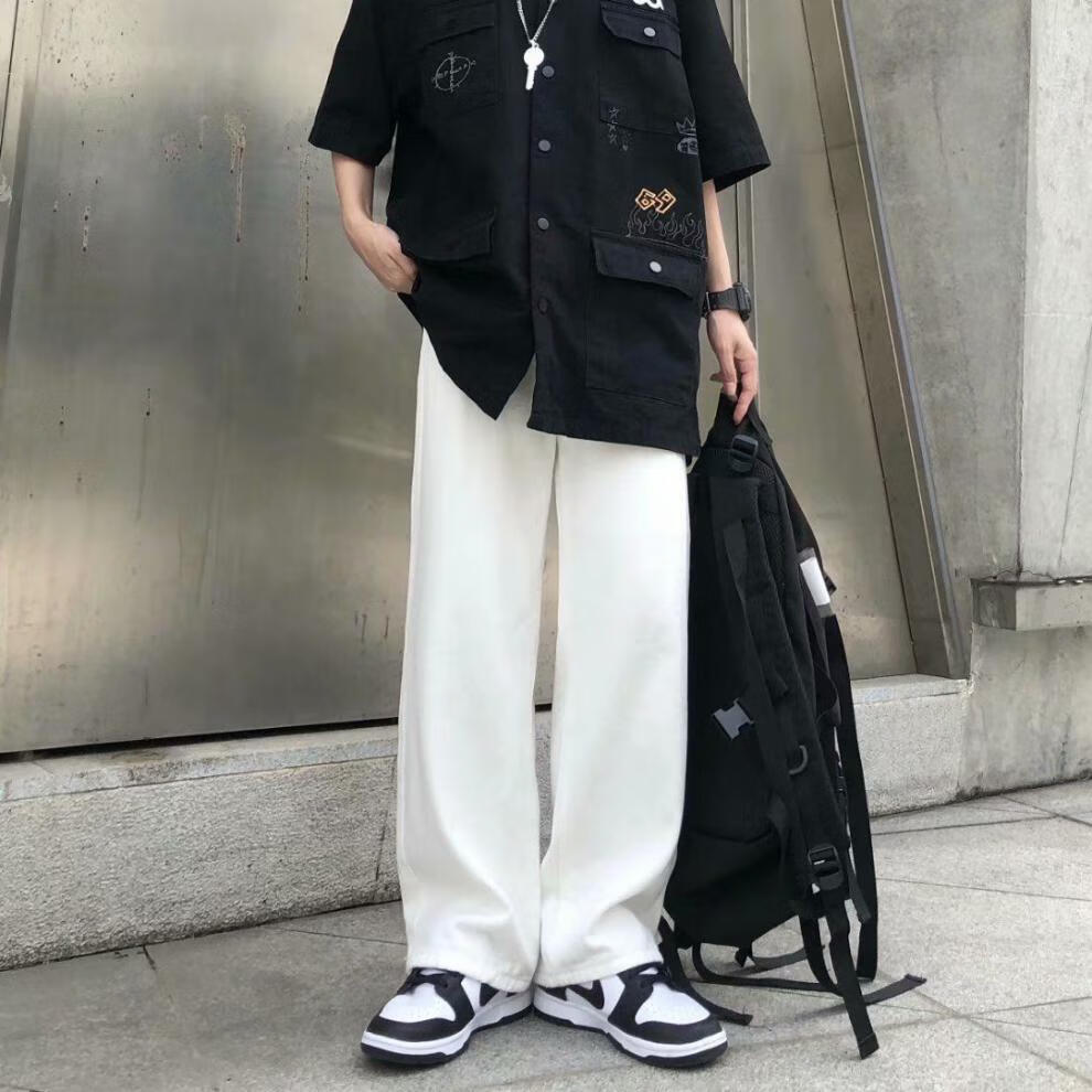 白色牛仔裤男宽松直筒春夏韩版ins加肥加大拖地长裤大码阔腿裤男 白色