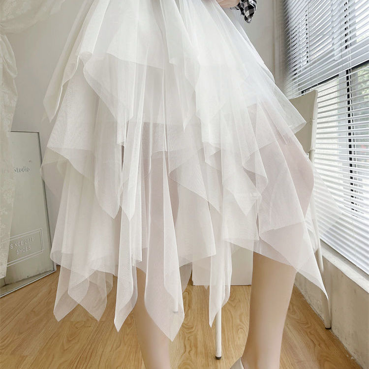 不规则a字纱裙半身裙女新网纱半身裙不规则半身裙网纱裙黑色裙长82