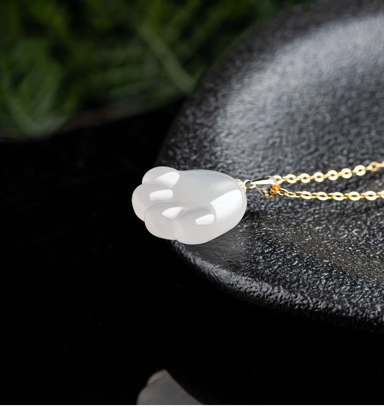 特价捡漏岁阳天然和田玉白玉猫爪吊坠18k金天然玉石可爱女款挂件项链