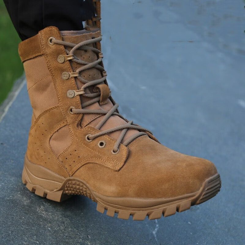 赤焰舰po20棕色作战靴男轻减震侧拉链战术靴牛皮陆战靴体能训练鞋作训