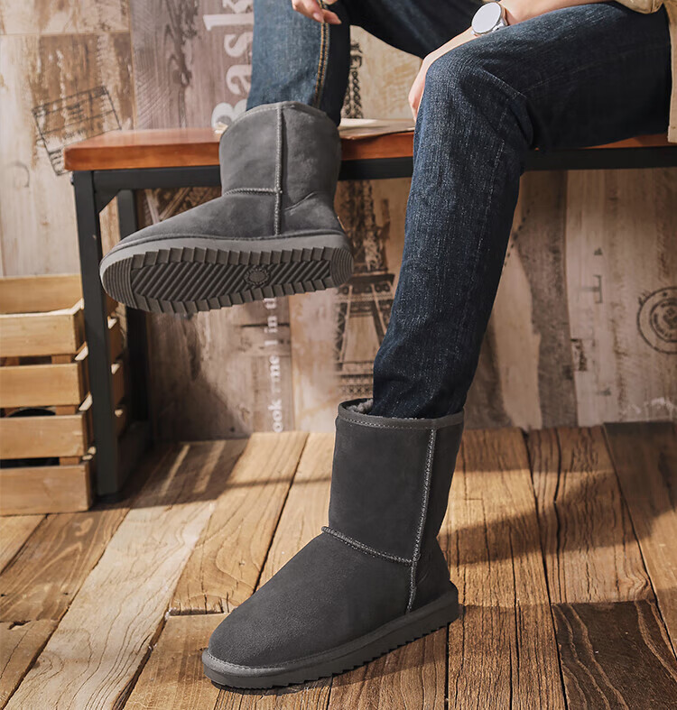 男士雪地靴中高帮保暖防滑耐磨男款棉鞋冬季加绒牛皮中筒靴子大码厚棉