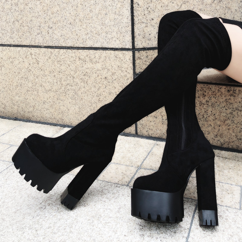 过膝靴女靴长筒靴秋冬季瘦瘦靴超长靴弹力靴 95338-1黑色皮质(过膝)