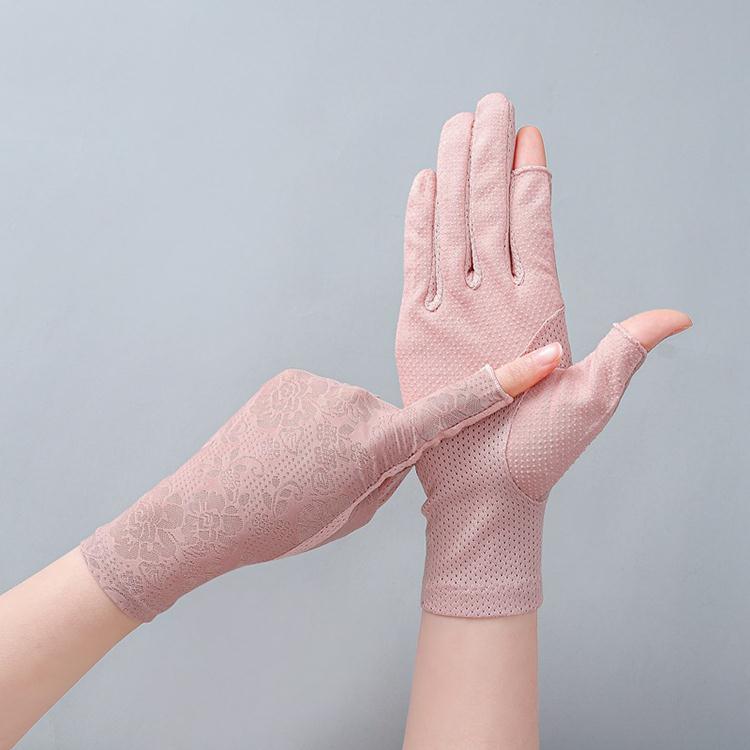 香溪里冰丝手套夏季薄款开车紫外线电动车滑露指五指蕾丝手套冰丝暗粉