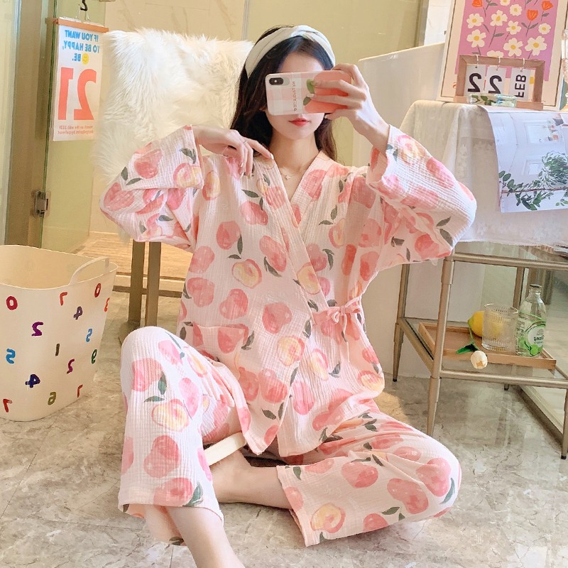 和服睡衣女夏季可爱日式纯棉纱布短家居服汗蒸服女薄浴衣套装qh350