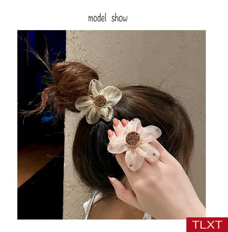 tlxt韩国2021头花欧根纱花朵发绳女网红气质丸子头皮筋马尾发饰夏米