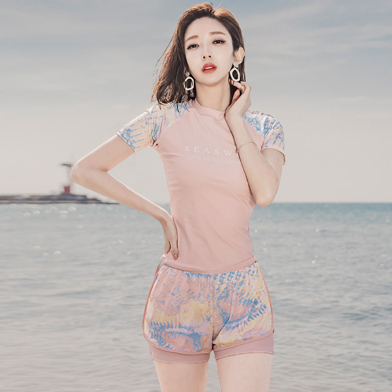 保守遮肚显瘦学生上课长袖防晒小胸聚拢温泉泳装迷彩红三件套s7090斤