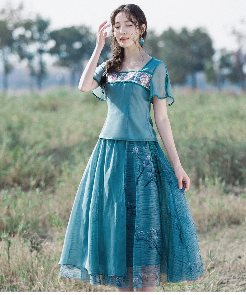 烟花烫民族风半身裙女2020夏季新款花枝图案森系文艺裙子zg迷途蓝绿色
