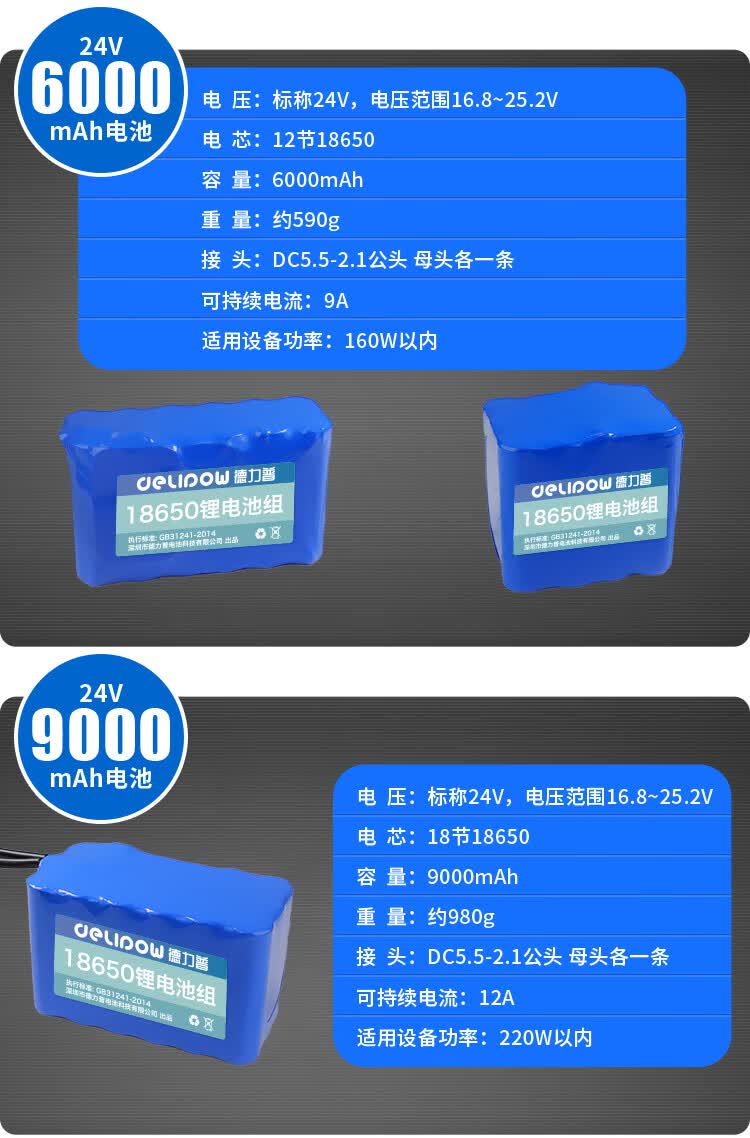 德力普(delipow)充电电池 24v锂电池组6串18650电芯大容量电瓶移动