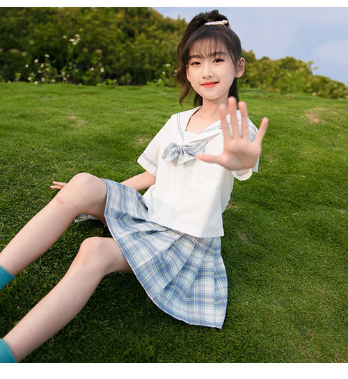 女童jk套装儿童夏季12岁女童日系学院风短袖小学生水手服格裙百褶裙