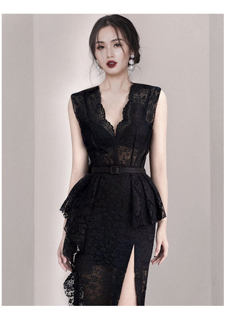 夜性感女装小礼服性惑开叉收腰显瘦蕾丝雷丝连衣裙法式气质女神范晚宴
