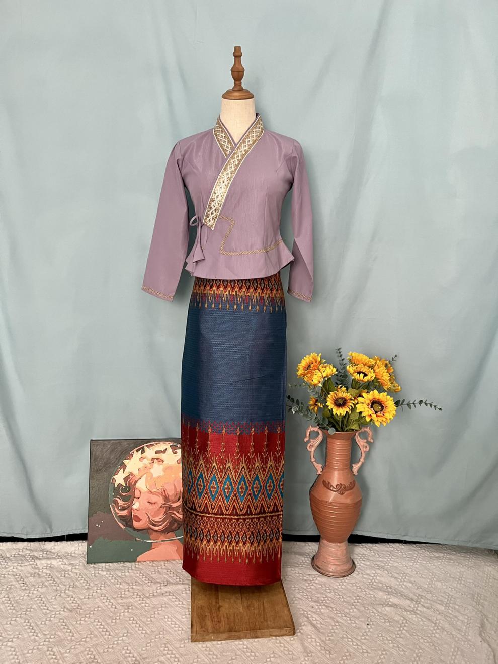 春季傣族服装女长袖上衣系带长裙传统傣族裙套装民族定制款 7号套装