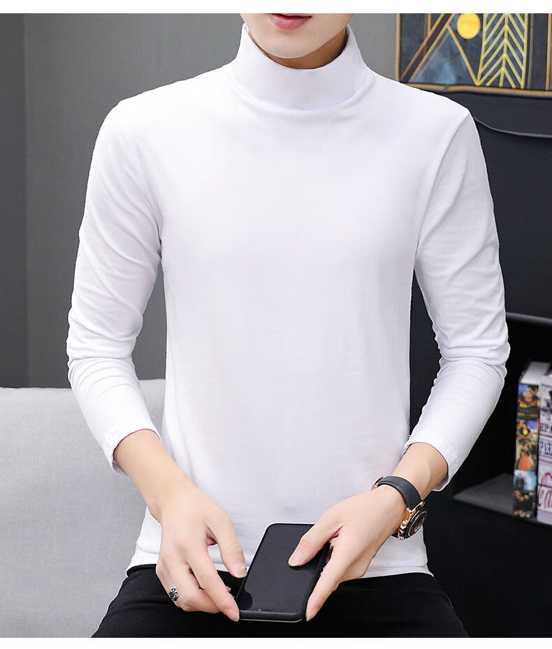 t恤男男款时尚高领男士打底衫修身纯色男装长袖t恤秋季内衣高领黑色