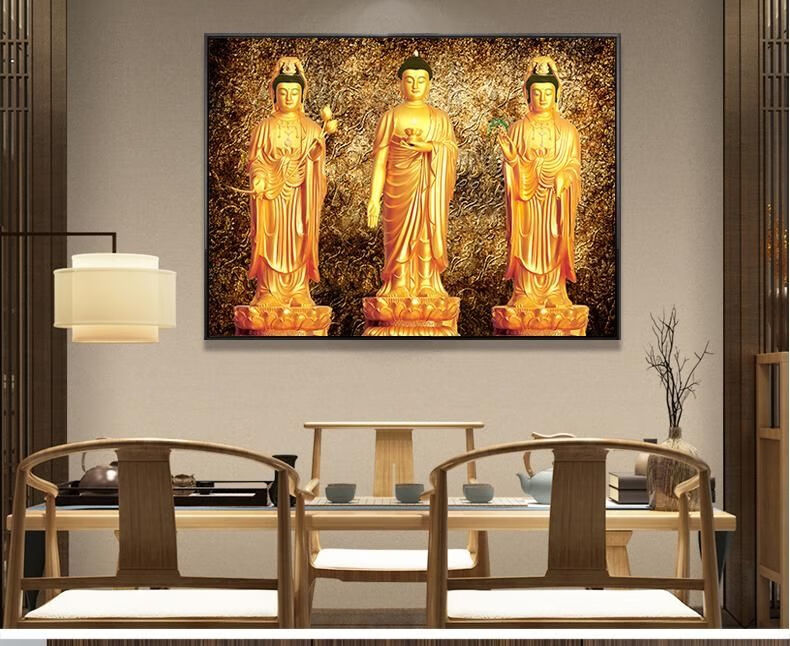 高清西方三圣挂画像带框横版佛像挂画结缘居家供奉西方三圣神像画