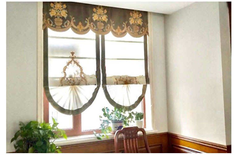 半圆形窗户大气绣花别墅楼梯窗帘欧式拱形升降可拉扇形罗蓝色单层平方