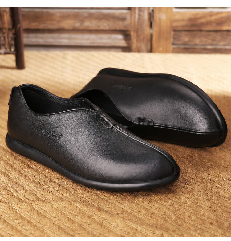 老北京圆口皮鞋男园口休闲真皮软底布鞋头层牛皮中士爸爸老人家鞋
