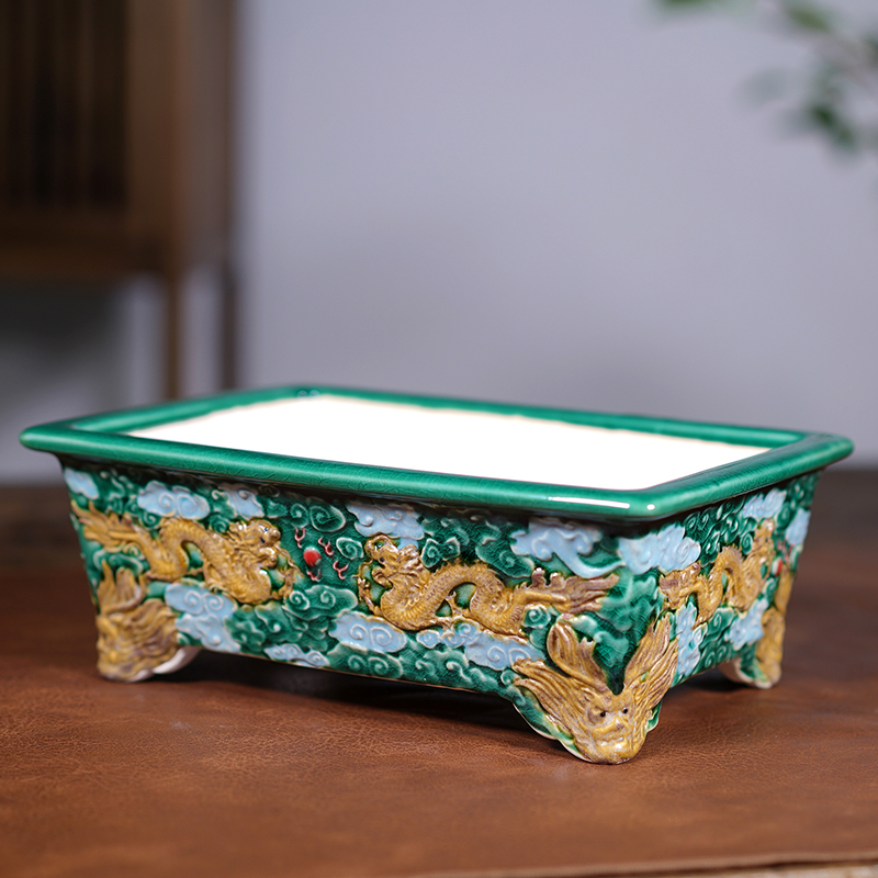 陶瓷石湾盆紫砂花盆陶瓷长方形盆景盆彩绘龙盆多肉盆栽新中式石湾盆冉