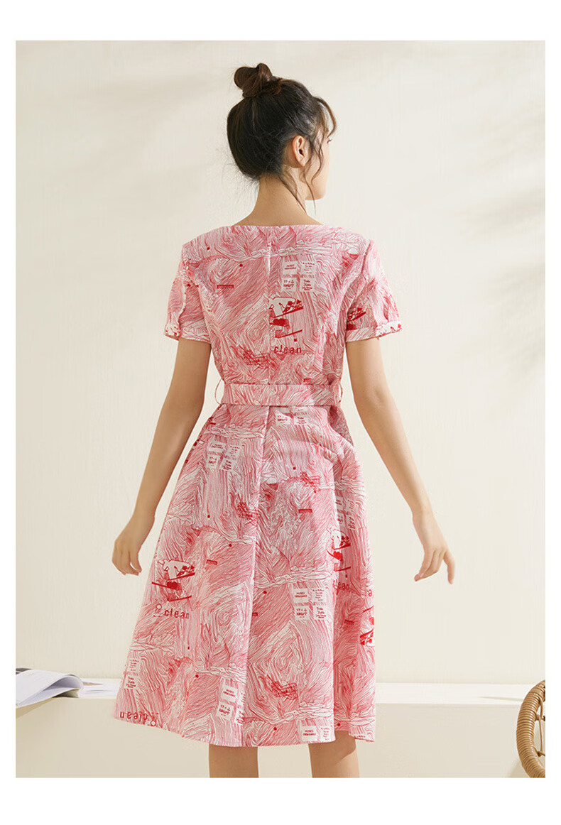 熙然夏季复古收腰感蝴蝶结印花碎花连衣裙女气质裙子蓝底黄花l