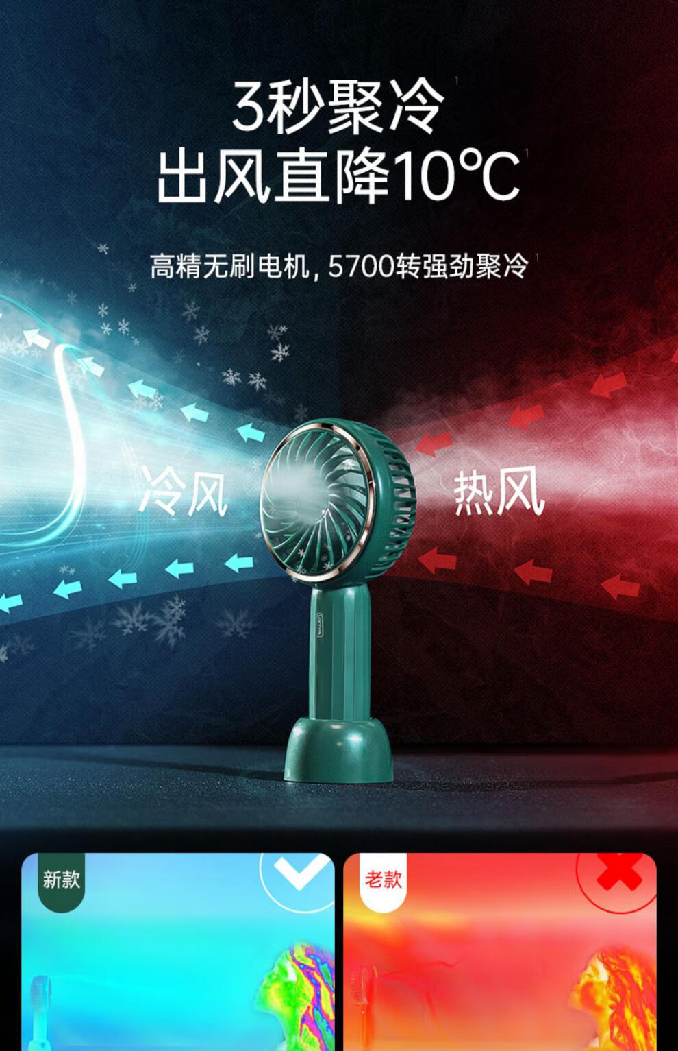 图拉斯便携小风扇便携式迷你usb充电办公室桌面大风力制冷f极光绿2022