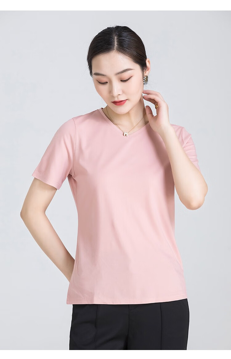 梦舒雅上衣四色可选v领丝光棉t恤女装2022年新款夏装修身半袖体恤 橘