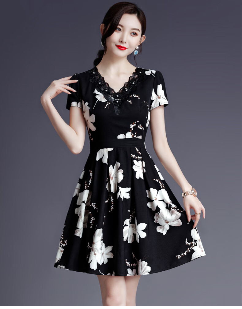 65皮尔卡丹品牌高档女装短袖雪纺连衣裙夏装2022新款40岁小个子中年