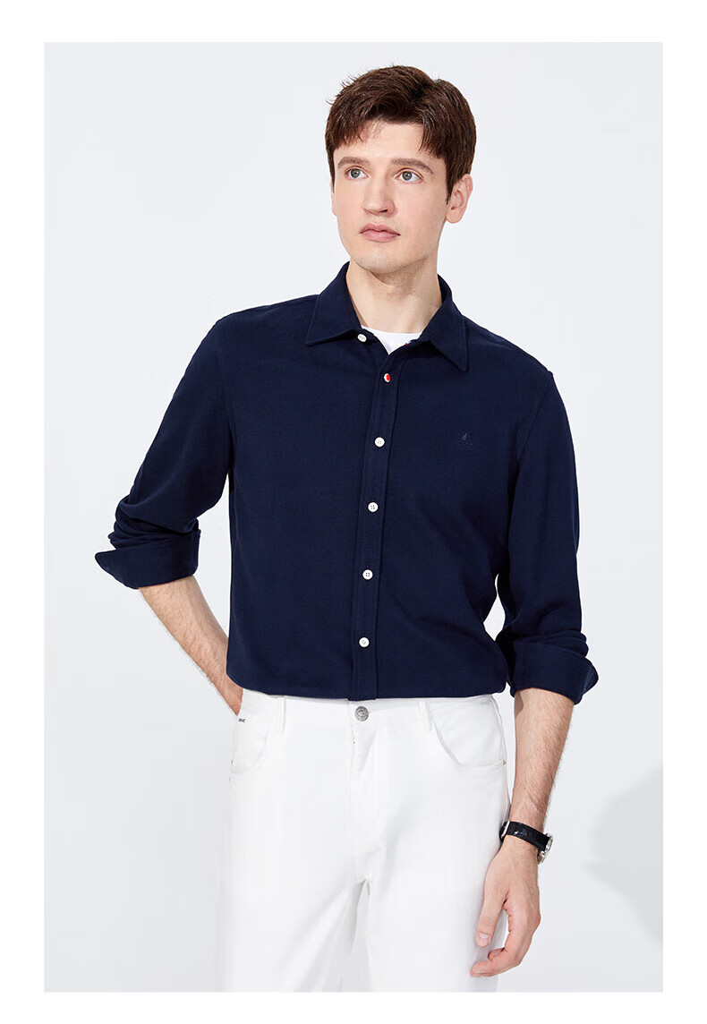 navigare意大利小帆船长袖纯色衬衫男秋季绵羊毛保暖弹力磨毛休闲衬衣