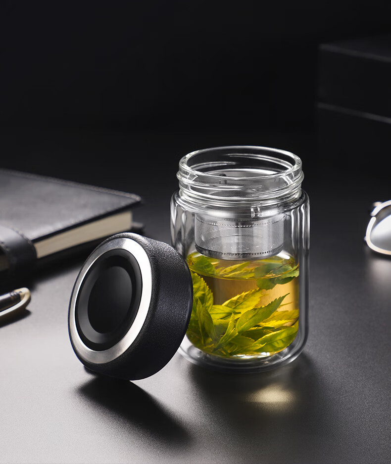 京选品质双层玻璃杯男士便携隔热带盖有手柄家用水杯办公室泡茶杯子女