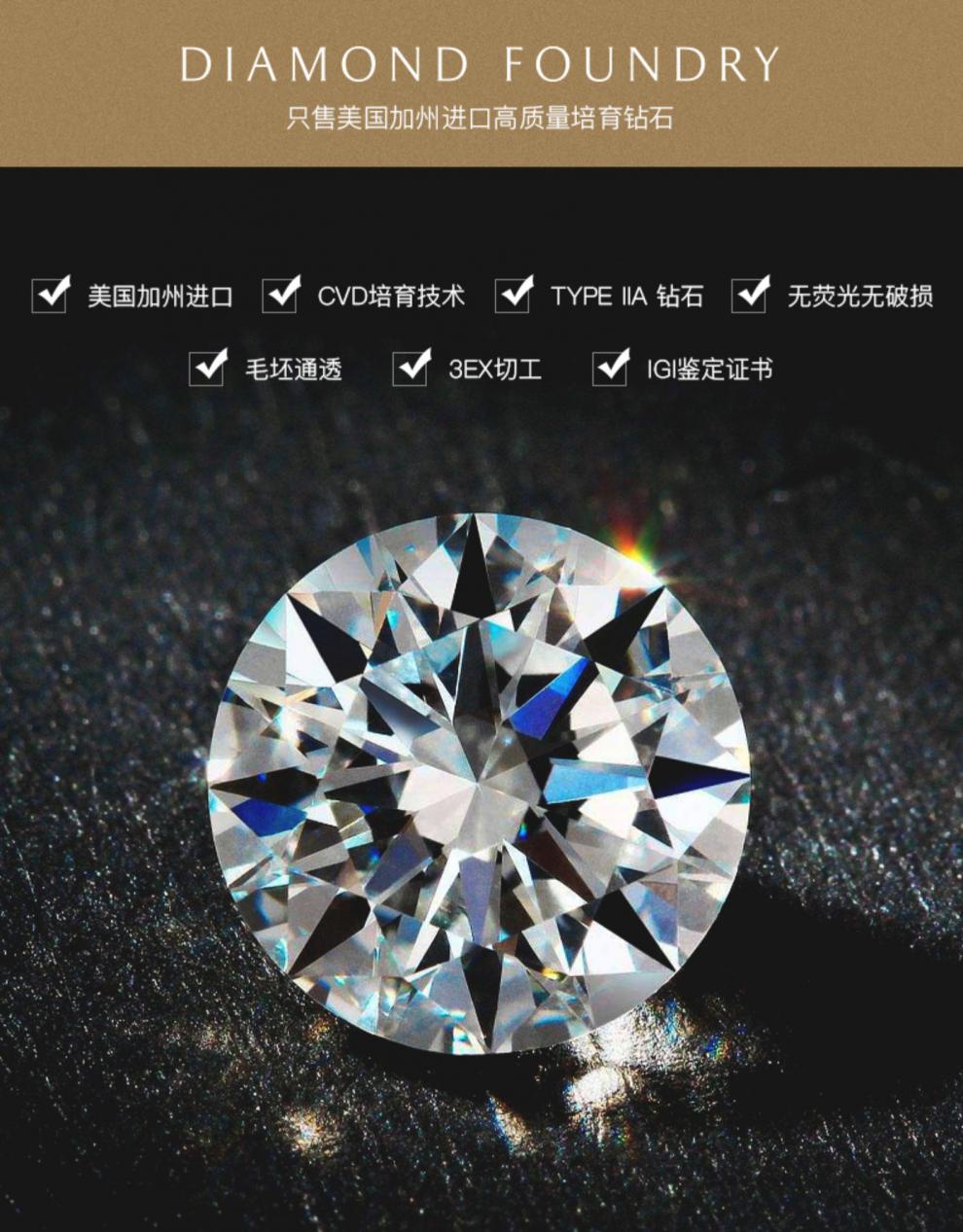 圆形切割钻石裸钻 diamond foundry 源自美国正品培育钻石 90分 i/si1