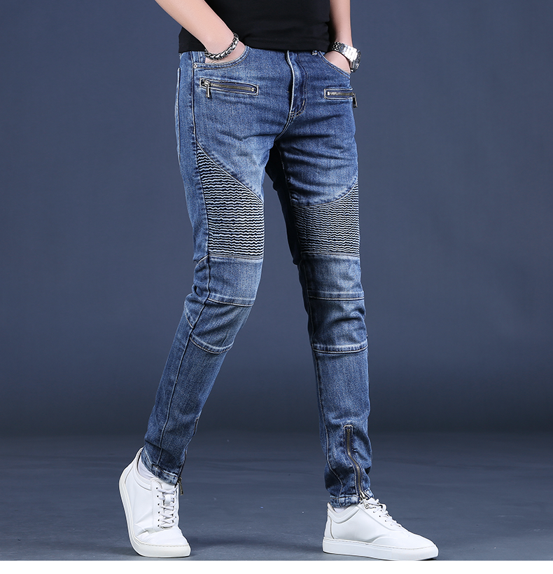 aemape苹果牛仔裤男潮牌夏季新款高端拉链拼接裤子男机车潮流蓝色修身