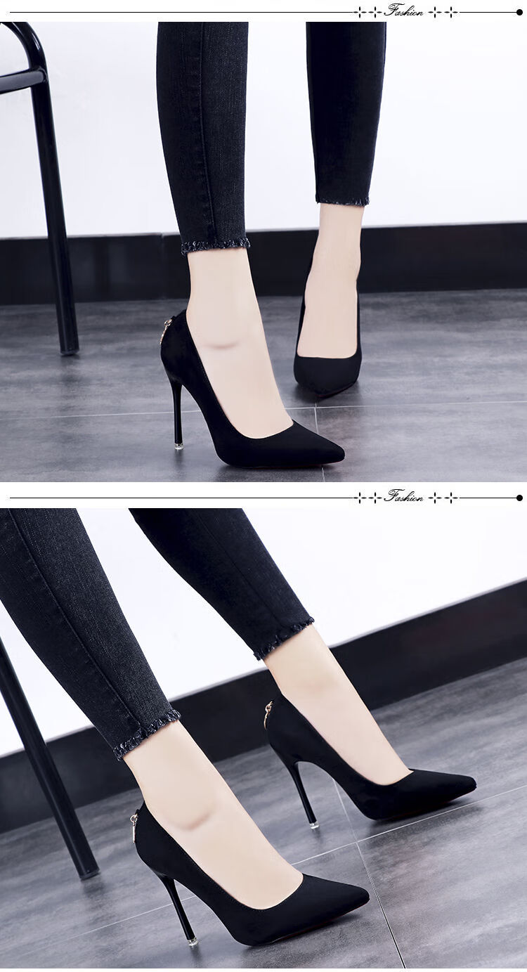 高跟鞋女细跟春秋新款鞋子女学生韩版d扣尖头百搭女鞋黑色光板10cm34