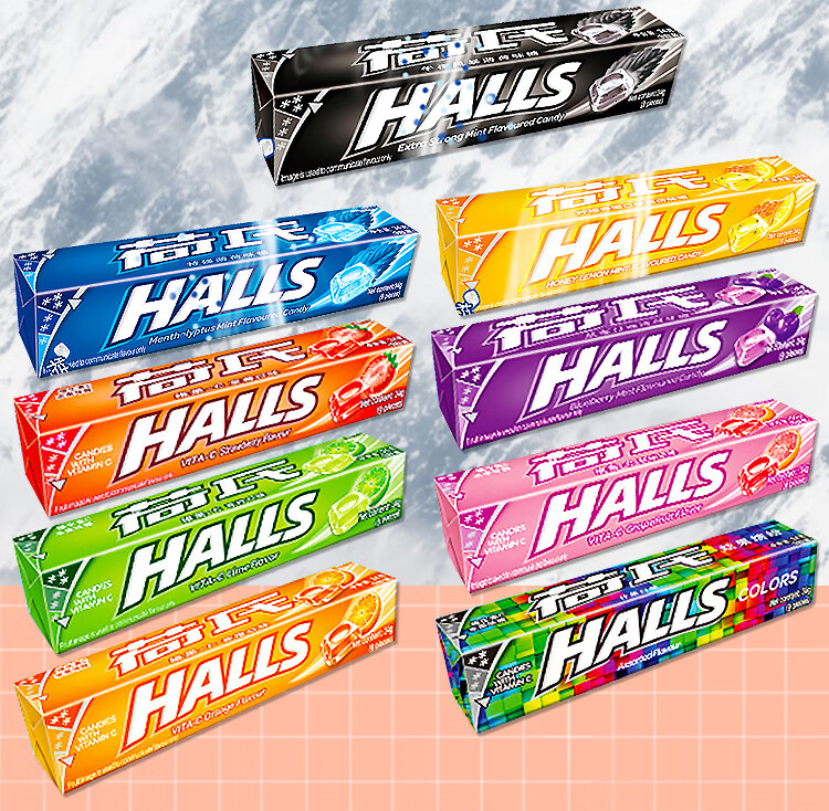 荷氏halls特强薄荷硬糖果午夜风暴34g4条装多味水果清凉18条每种口味