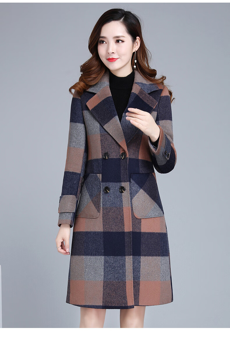 vuzrmm品牌女装新品格子毛呢外套中长款加厚女秋冬新款双排扣过膝流行