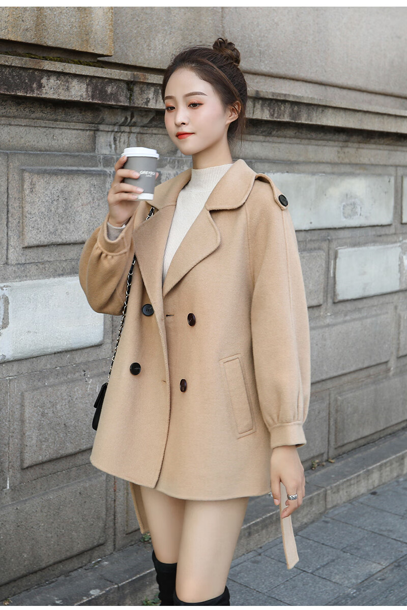 joy高定品质 小个子双面羊绒大衣女短款系带2020秋冬新款韩版纯手工羊