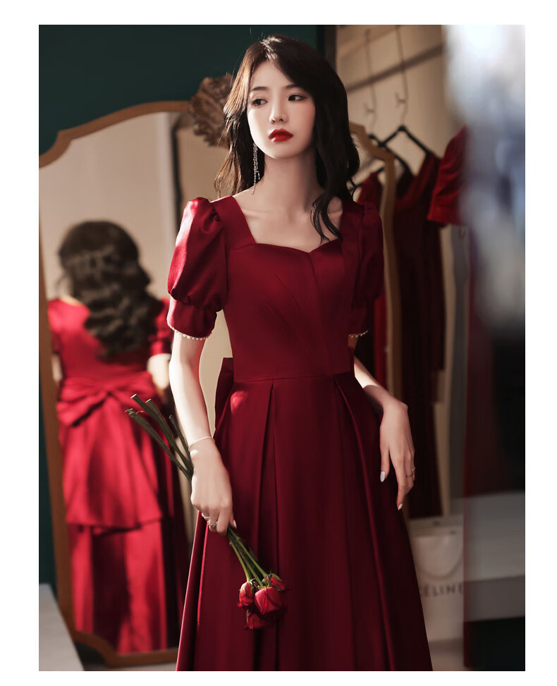 缎面敬酒服新娘新款春款结婚订婚回门礼服女大气酒红色晚礼服允冠酒