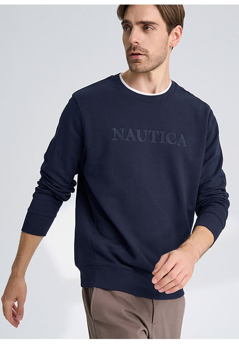 nautica诺帝卡男装22秋冬新款情侣多色男女同款全棉休闲罗纹圆领套头