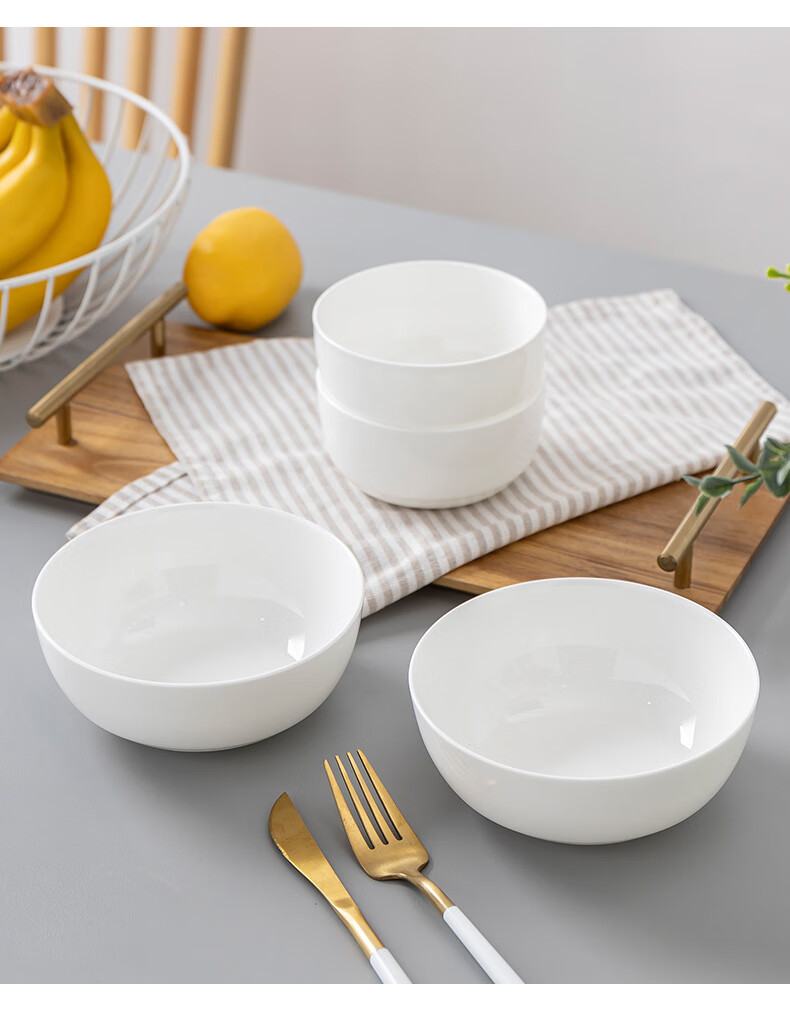 纯白骨瓷米饭碗景德镇家用陶瓷碗中式韩式碗餐具面碗沙拉甜品碗45英寸