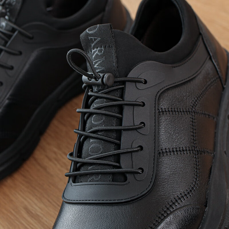 保罗 全牛皮男装真皮运动鞋男头层牛皮纯百搭休闲男鞋 黑色 40【图片