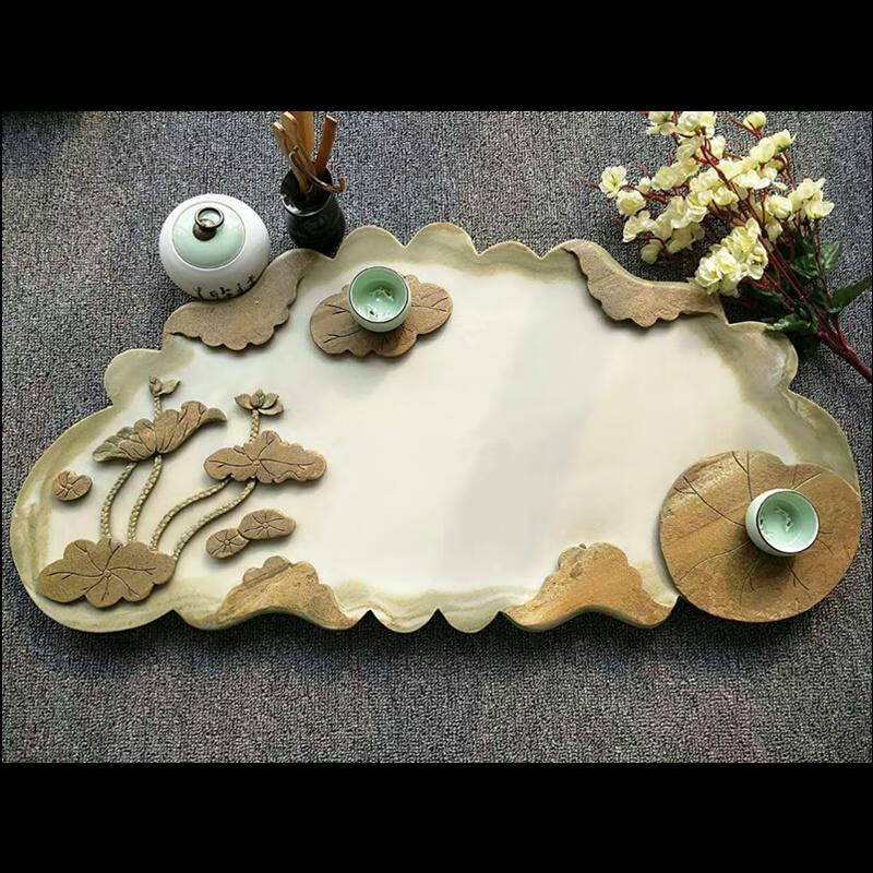 手工雕刻石头茶盘排水大小号易水石头茶台石雕过年送礼荷叶款式7035
