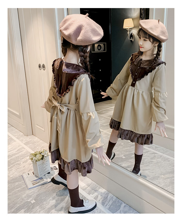 鸭鸭女童加绒连衣裙秋冬中大童娃娃翻领公主裙6-12岁小女孩加厚束腰裙