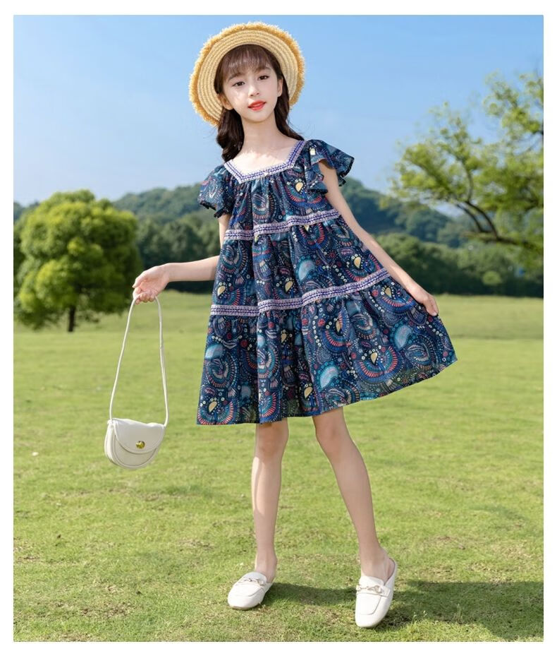 童休闲洋气裙子儿童撞色公主裙312岁小女孩夏天穿的裙子藏青色110cm