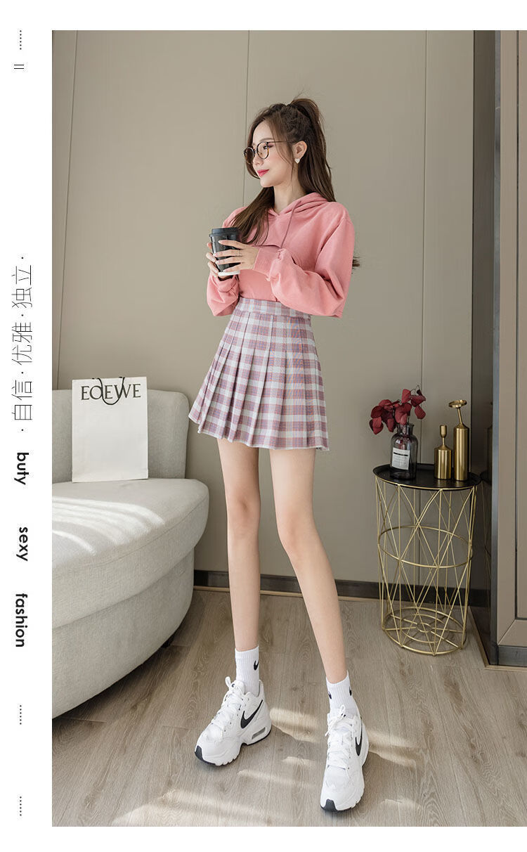 格裙春夏百褶裙高腰显瘦字半身裙女学院风格纹短裙子格子九xl腰围76cm