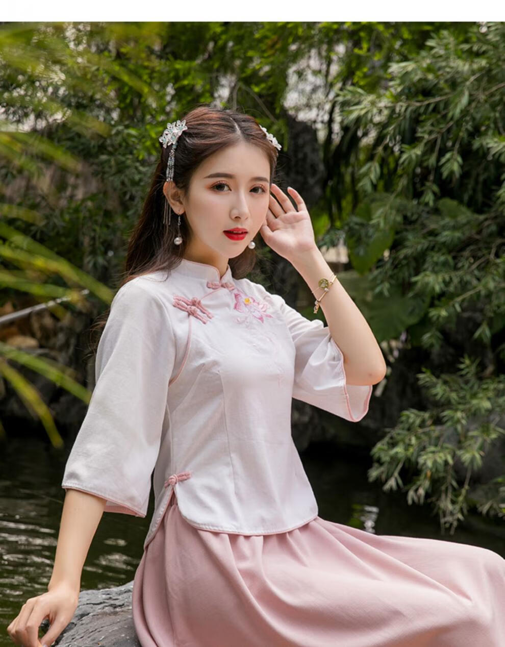 女装唐装禅意茶艺复古改良学生装汉服女中国风装民国风女装粉色套装s