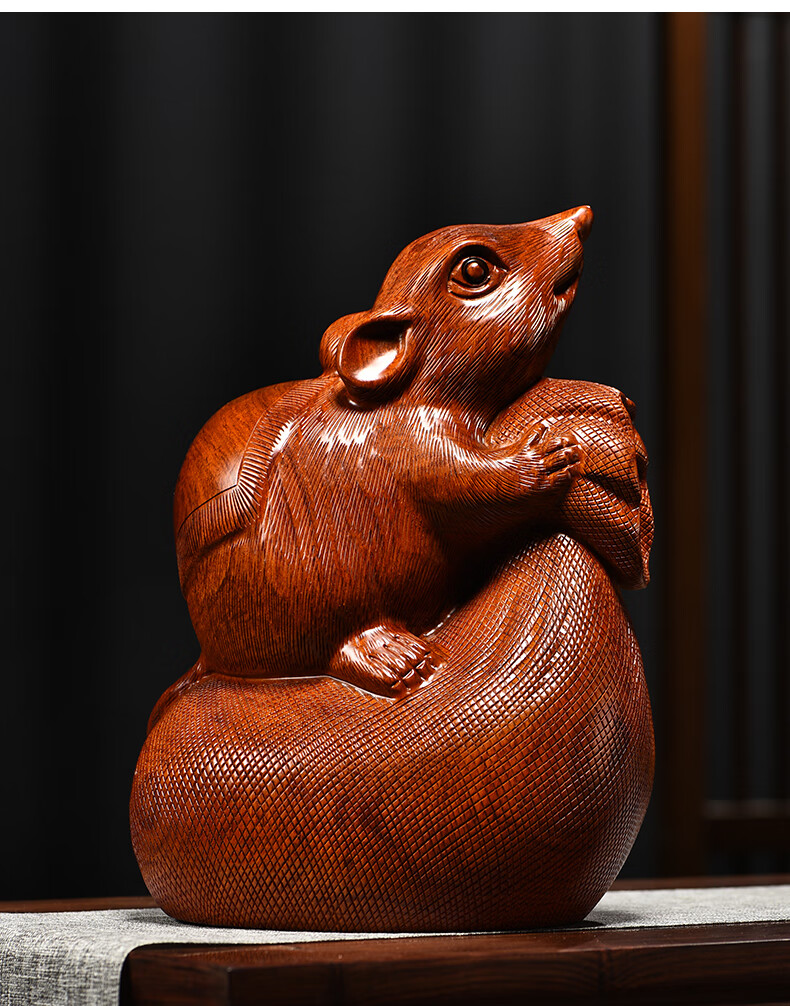 杞记木雕摆件老鼠实木头雕刻动物生肖新居客厅办公司好友生日工艺礼品