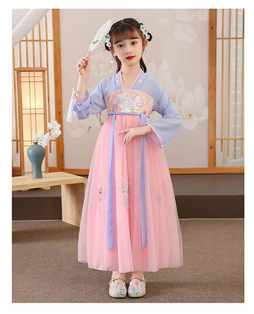 风唐装仙飘逸古风襦裙儿童仙女古装女孩连衣裙虾粉色短袖头饰鞋子140