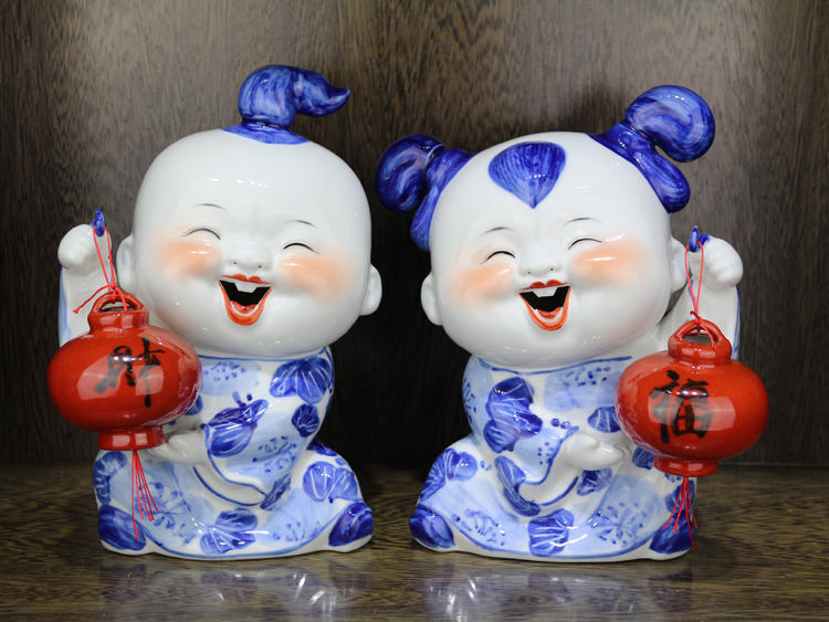 娃娃纯手工简约现代创意青花瓷喜庆人物陶瓷家居摆件 恭喜发恭喜发财