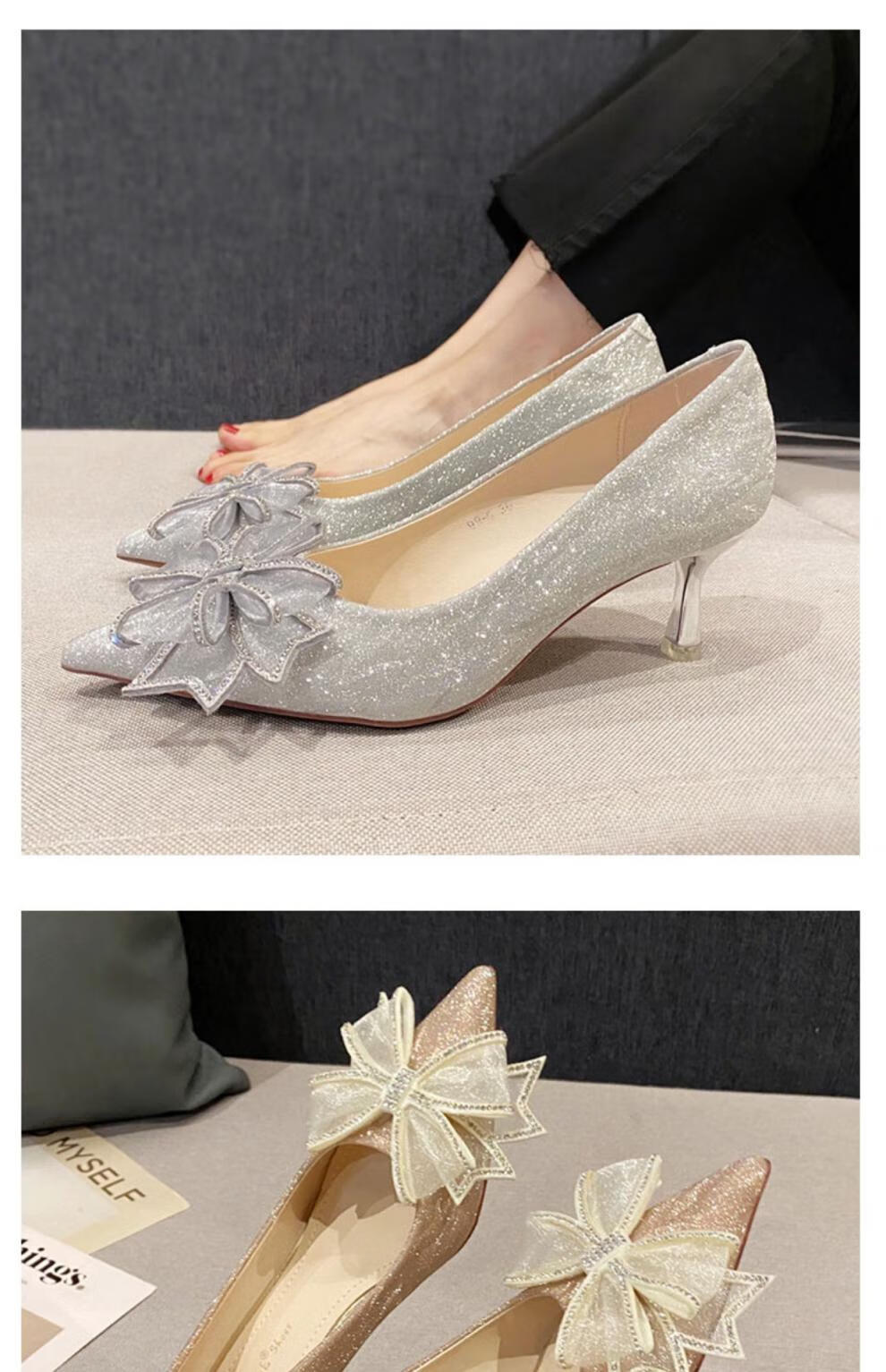 红蜻蜓品牌高档单鞋法式水晶银色中高跟鞋婚鞋3cm新娘主婚纱蝴蝶结