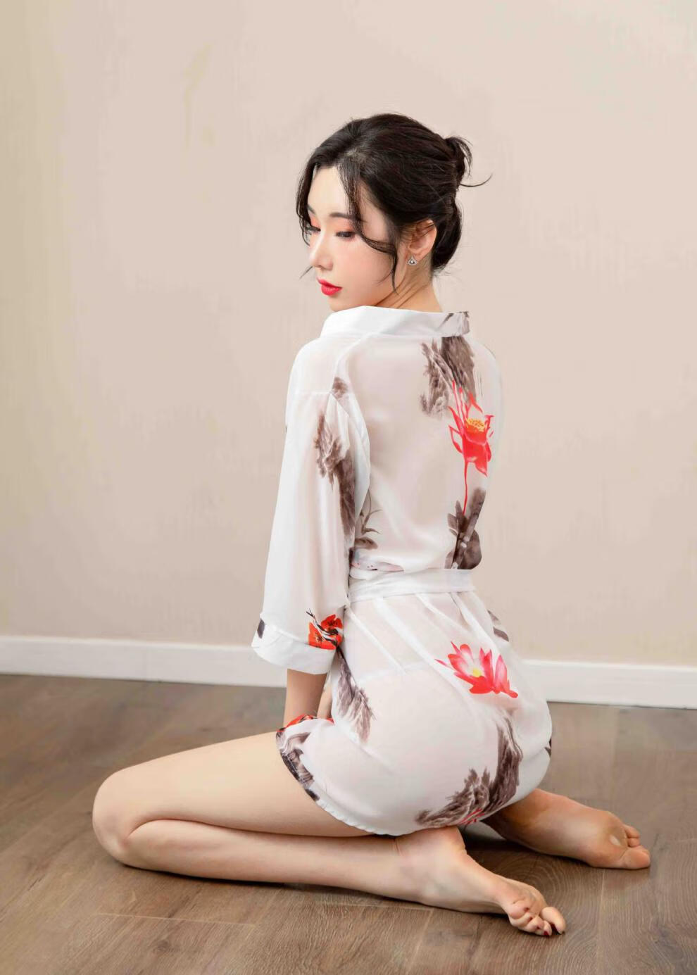 性感雪纺女式诱惑大码睡衣透明印花和服睡袍浴袍套装情趣内衣 情趣